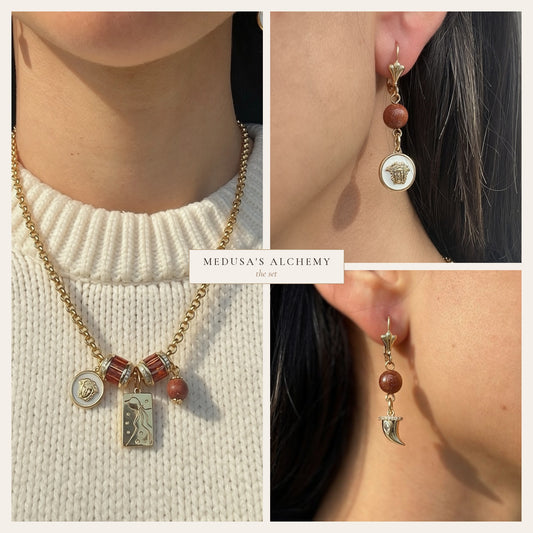Medusa's Alchemy set: charm necklace and two asymmetrical earrings in 18k gold-filled