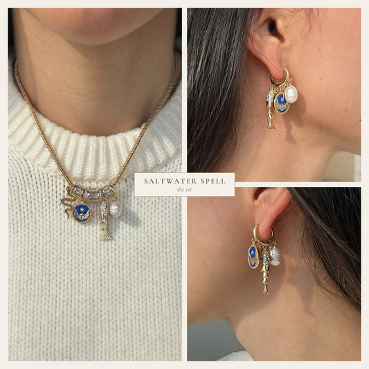 Saltwater Spell set: charm necklace and two asymmetrical earrings in 18k gold-filled